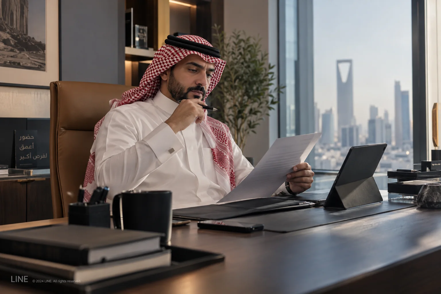 Saudi executive reviewing a professional document in his office